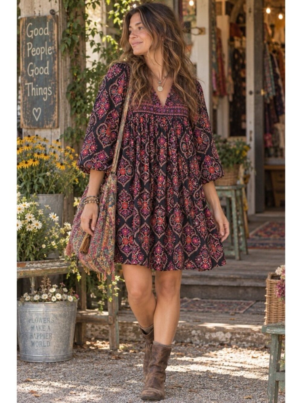Natural Life Womens Aimee Mini Tunic Dress Sz Small Black Floral Boho Festival